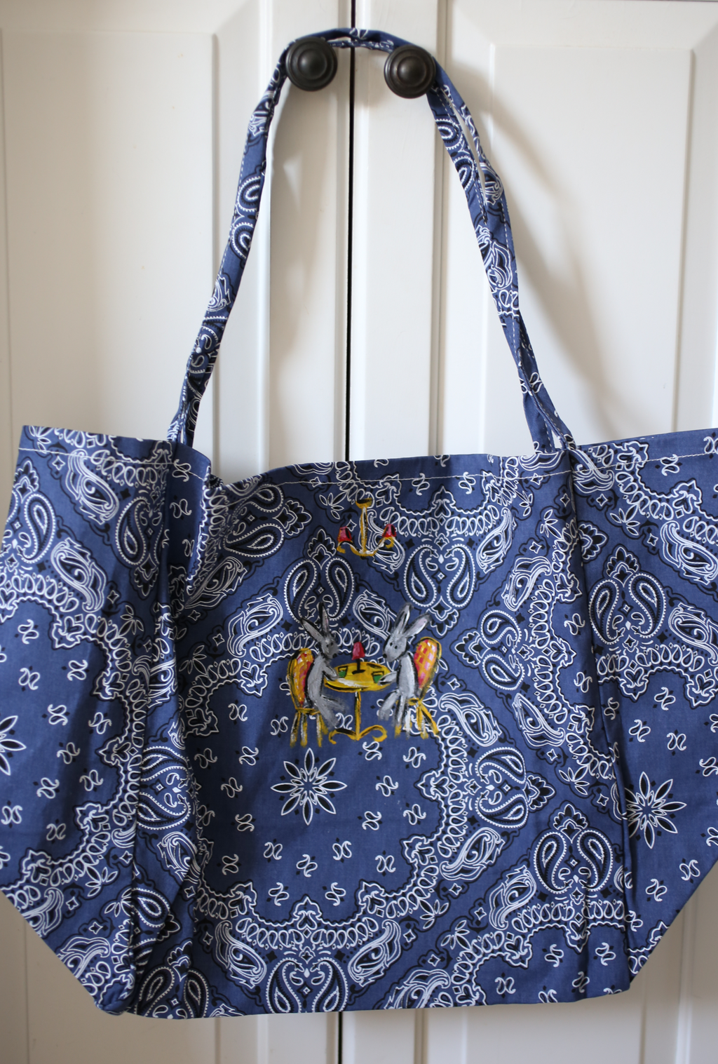 Hand Painted Bandana Tote Bag - Bunnies