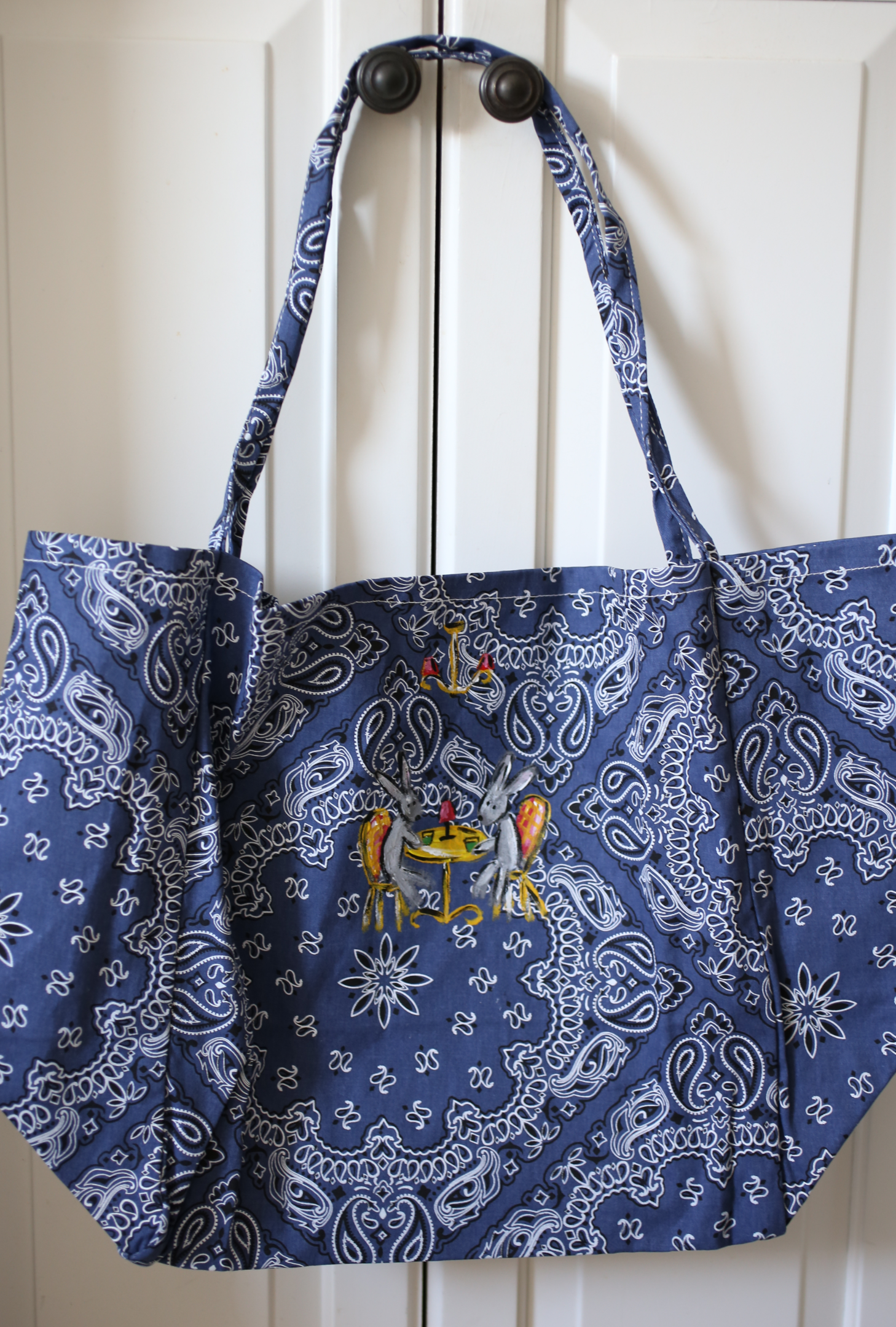 Hand Painted Bandana Tote Bag - Bunnies