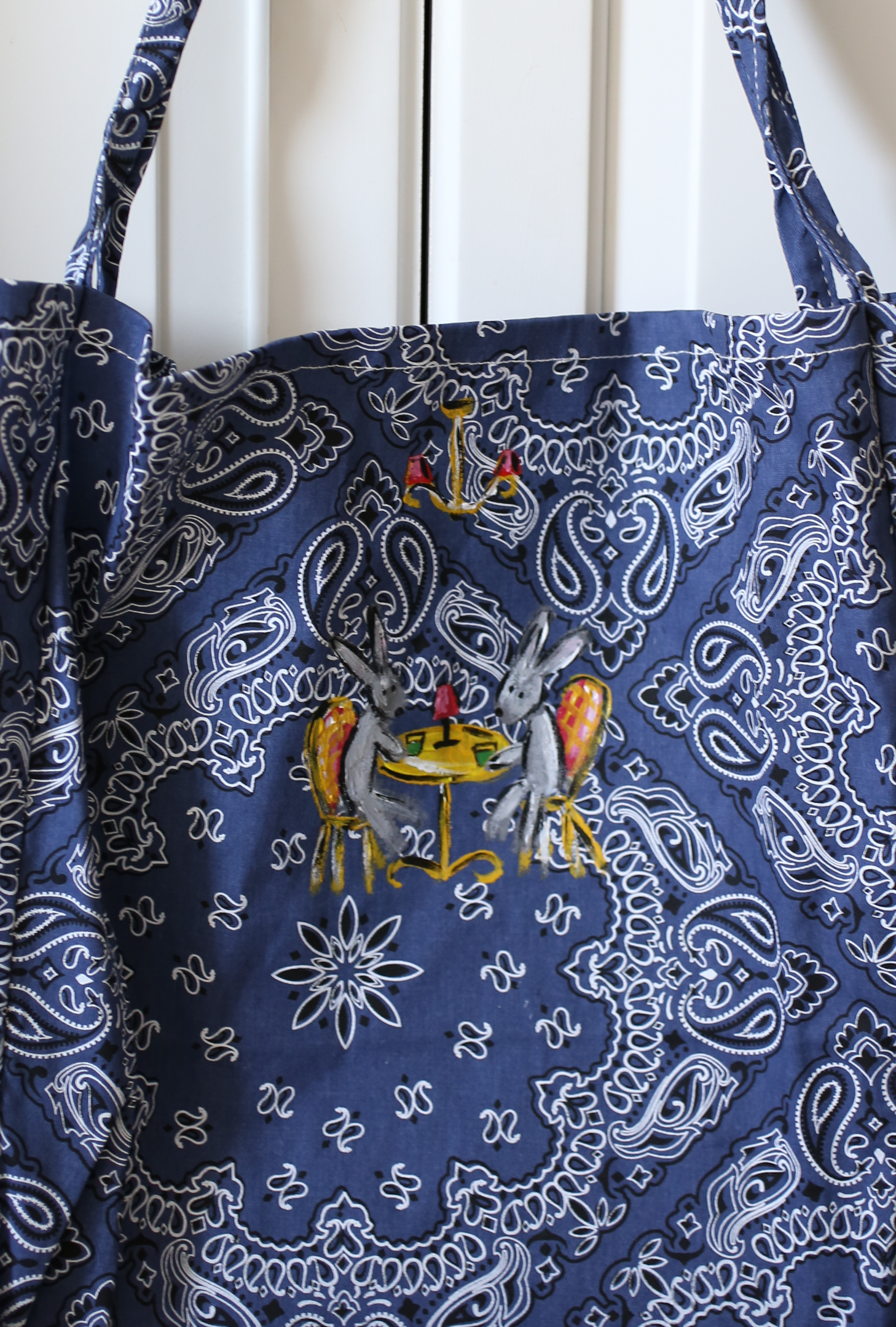 Hand Painted Bandana Tote Bag - Bunnies