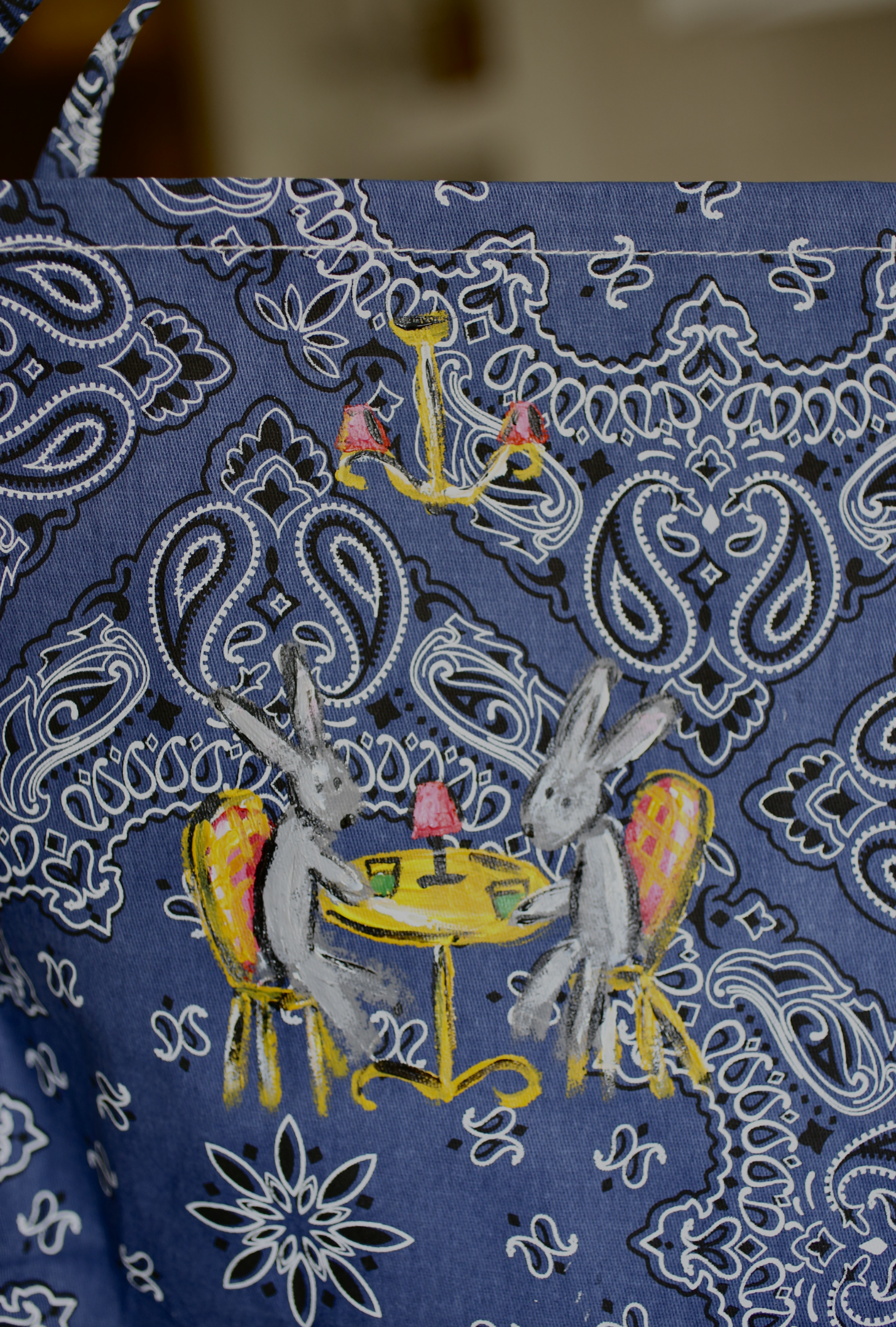 Hand Painted Bandana Tote Bag - Bunnies