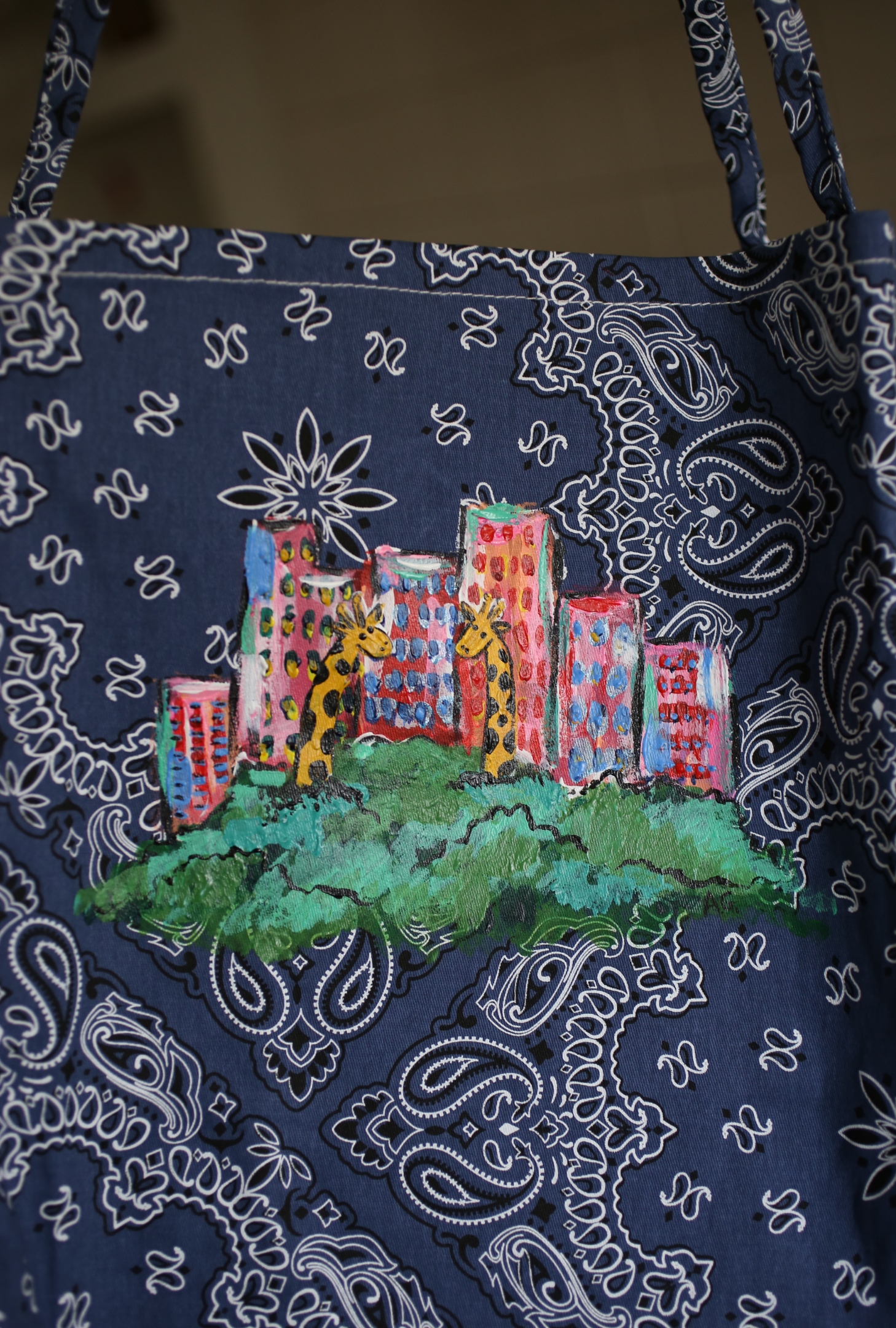 Hand Painted Bandana Tote Bag - Giraffes